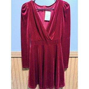 Women’s Burgundy Velvet Long Sleeve Midi Dress V Neck Zip Up Back Size Small